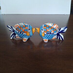 WHIMSICAL BLUE SKY KISSING FISH BRIGHTLY COLORED CERAMIC SHAKERS SIGNED BY DIANE